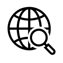 Globe grid with magnifying glass icon depicting international search and exploration concept design element