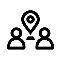 Icon depicting two stylized people figures with a location pin above them in black and white style