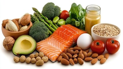 An assortment of nutritious food items, including salmon, avocados, and vegetables, beautifully displayed on a wooden surface