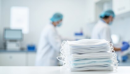 Medical professionals working in laboratory with stacked face masks  