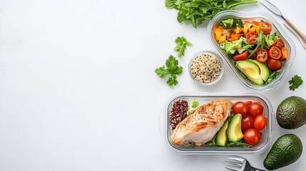 Top view of containers filled with quinoa salad and chicken fillet, emphasizing freshness and healthy eating