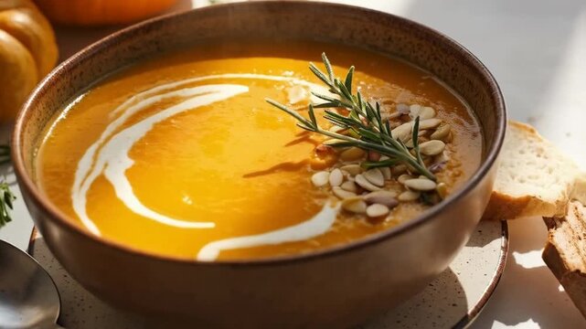Harvest Comfort: Creamy Pumpkin Embrace. A rustic bowl of creamy pumpkin soup swirled with fresh cream, garnished with toasted pumpkin seeds and a sprig of rosemary. 