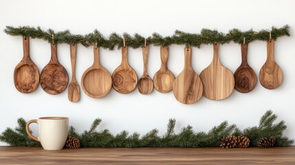 Christmas garland with pine cones and stars adorns a wooden table, featuring a coffee mug for a festive touch
