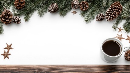 Christmas garland with pine cones and stars adorns a wooden table, featuring a coffee mug for a festive touch