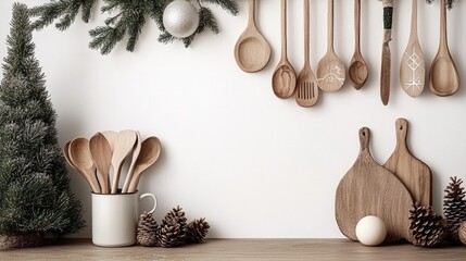 Christmas garland with pine cones and stars adorns a wooden table, featuring a coffee mug for a festive touch