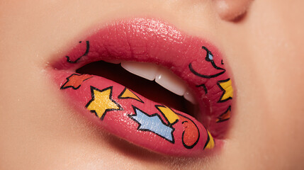 Close up of a woman's bright red lipstick and sensual smile showing her teeth