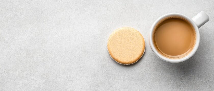 Cup of coffee with milk and round cookie on a textured gray surface.