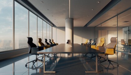 Executive Conference Room: A modern conference room offers panoramic views of a cityscape through large windows, with sleek furniture and an atmosphere of professional design. 