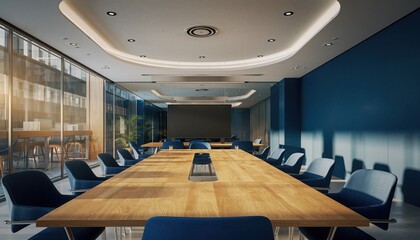Modern Meeting Room: A sophisticated, empty meeting room bathed in soft light, ready for collaboration and innovation. Featuring long wooden table, ergonomic chairs and panoramic windows