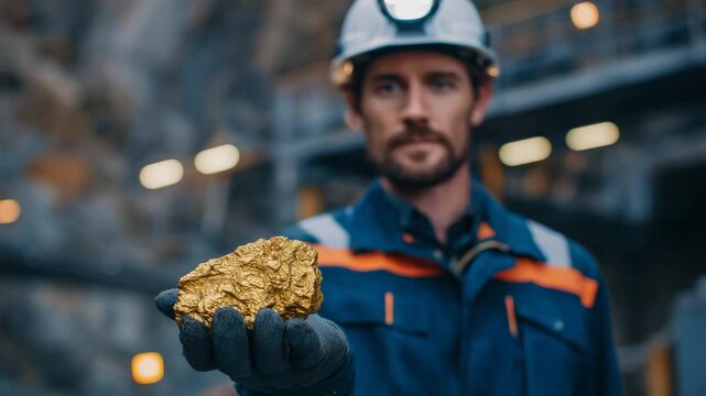Cinematic shot of a miner holding a rare metallic ore against the backdrop of an industrial mining shaft, conveying discovery and technological potential