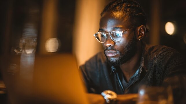 Focused young man working late on a laptop in a dimly lit room, highlighting creativity and concentration during nighttime hours