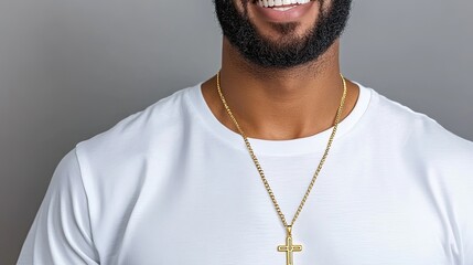 A man showcases a golden cross necklace on his neck while wearing a plain T-shirt, with a softly blurred background enhancing the focus