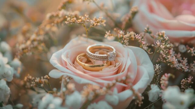 Video A pair of wedding rings sits atop a beautiful pink rose, symbolizing love and commitment