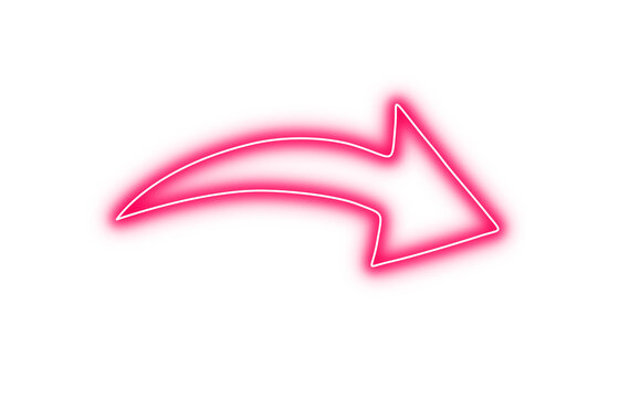 maroon pink neon glowing arrow curved  on transparent background, direction pointer symbol and modern light sign