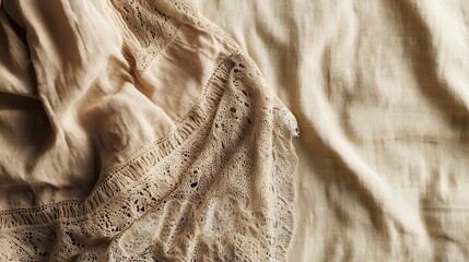 Close up of delicate vintage lace trim on a soft beige fabric surface showing intricate hand made patterns