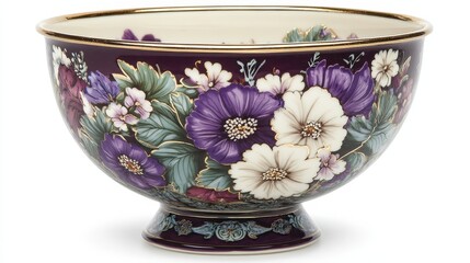 Close up of an ornate floral bowl on a white background