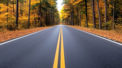 Fototapeta premium Winding road through a tranquil forest with vibrant autumn foliage and an endless horizon