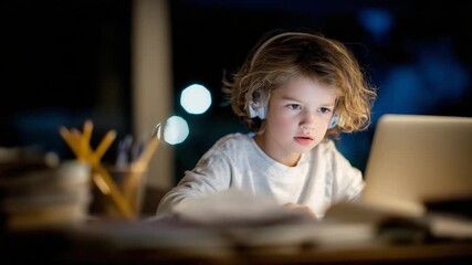 Close-up of a child wearing headphones, attentively watching a lesson on a glowing laptop, face illuminated by screen light, surrounded by pencils and open notebooks - Powered by Adobe