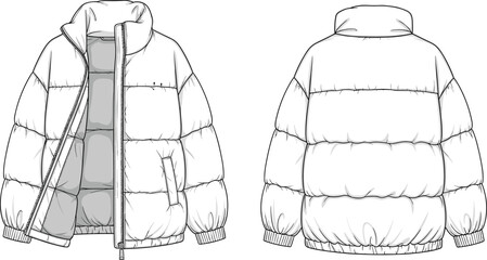 Vector technical drawing of oversized puffer jacket flat sketch, front and back view, fashion illustration template for clothing design, winter apparel mockup for streetwear brand.