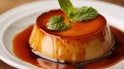 Cr&egrave;me Caramel Flan Collection: Silky Cr&egrave;me Caramel Flans with Caramel Sauce, Served on Varied Plates (White, Speckled, Ridged) with Garnishes (Mint) for Dessert, Culinary, and Dining Inspiration