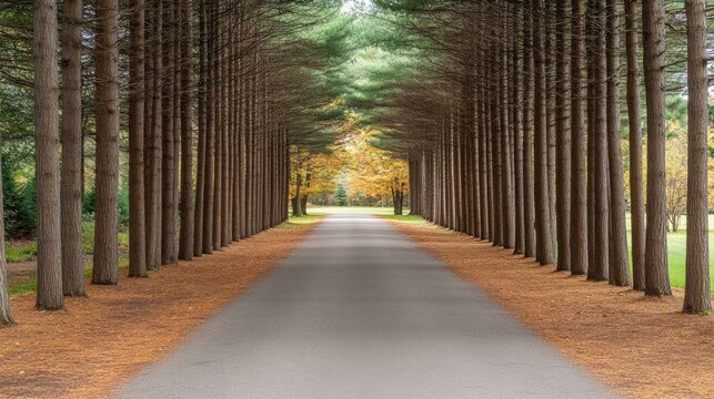 Winding road through a tranquil forest with vibrant autumn foliage and an endless horizon - Powered by Adobe