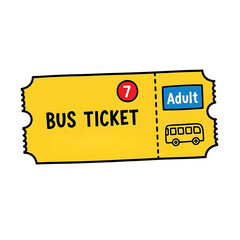 Yellow bus ticket for adult passenger with route number and icon  