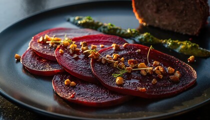 Delectable Beetroot Delight: An artful arrangement of thinly sliced beetroot, garnished with crunchy nuts and vibrant green sauce, showcased on a stylish black plate.