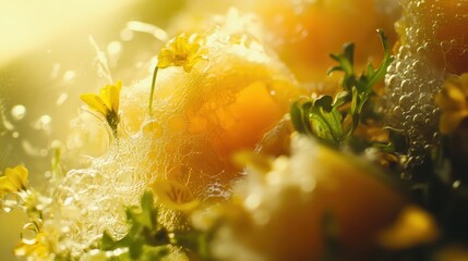 Close up of a gourmet yellow dish with flower garnish