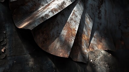 Close up of weathered twisted metal sheeting with abstract rust patterns and industrial textures