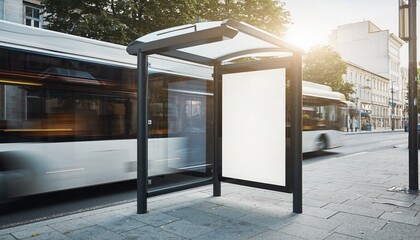 Urban Transit Stop: Capturing the essence of daily urban life, this photograph focuses on a sleek bus stop, with a passing bus blurred in motion.