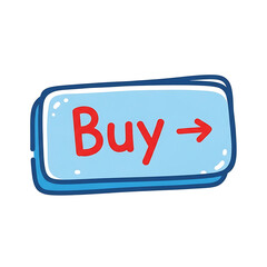 Buy button icon in playful style with blue background and red text  