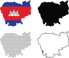 Cambodia map set featuring national flag, solid silhouette, striped pattern, and precise outline variations.