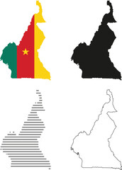 Cameroon map set: flag colors, solid silhouette, striped pattern, and detailed outline vector illustration