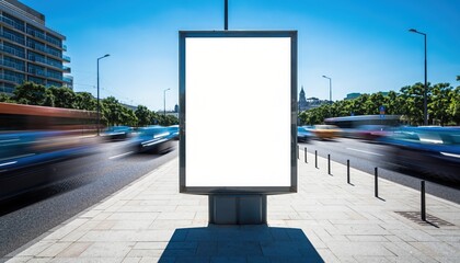 Billboard advertisement with Blank space: A blank billboard sign stands prominently in an urban cityscape with blurred moving vehicles showcasing its role in advertising and visual communication.