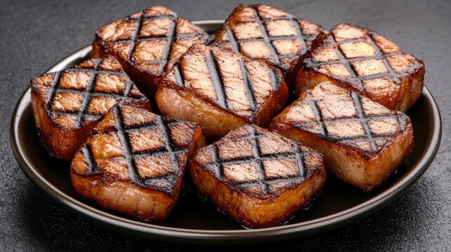 Delicious Japanese-style thick bacon strips served on a sleek black plate, showcasing flavors perfect for your next culinary adventure