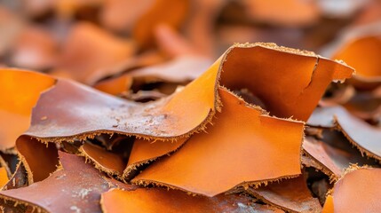 Close up of peeling and curling brown leather scraps showing decomposing texture