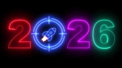 2026 concept of new year beginning, happy celebration, festival, new life, growth of business, startup, innovation. Glowing neon line word of 2026 with rocket icon on black background. 4K - Powered by Adobe