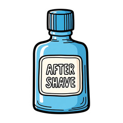 Cartoon blue aftershave bottle with cap and label design  