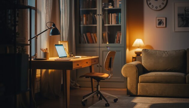 Cozy Corner Office: A well-lit, inviting workspace setup with a laptop on a wooden desk. Complete with a comfortable chair, lamp, bookshelf.