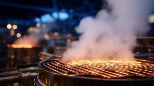Close-up of a modern boiler heat exchanger with visible copper coils, steam rising in the background