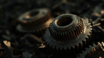 Close up of tarnished bronze gears in a chaotic arrangement