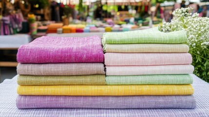 Bundled colorful fabric textiles organized for craft purposes