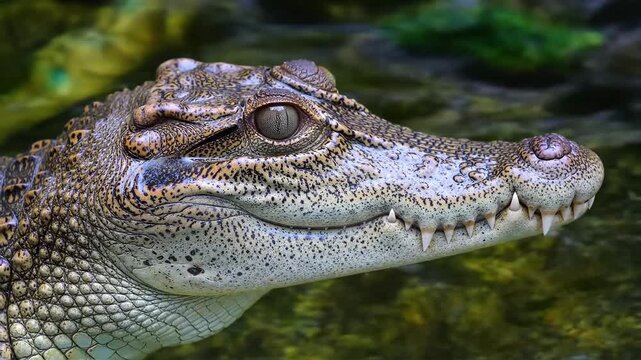 Close up profile of a reptile with scaly skin and sharp teeth