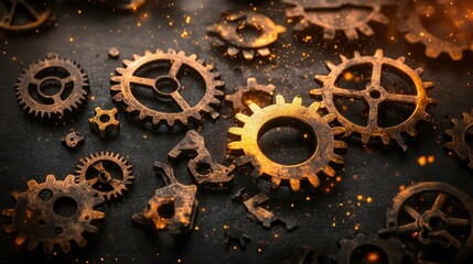 Close up view of multiple brass gears on a dark textured surface
