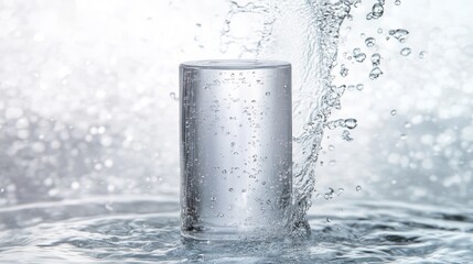 Clear cylindrical perfume bottle with water splash