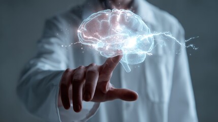 Scientist interacting with a holographic representation of a brain in a laboratory setting during a research session