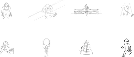 Construction worker icons with tools and equipment