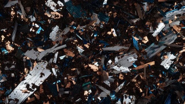 Close-up of aluminum and copper shavings on a dark surface, reflective textures creating abstract industrial pattern