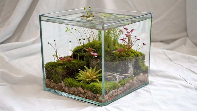 Beautiful terrarium with carnivorous plants and moss in a glass container on white fabric