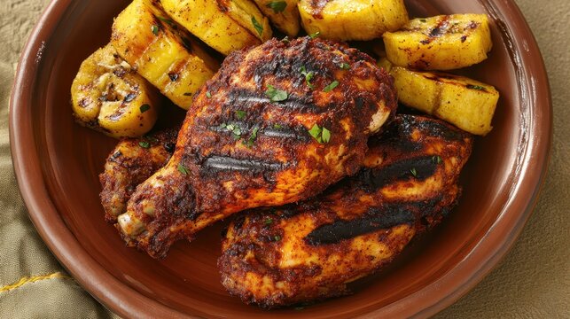 Close up view of grilled jerk chicken with plantain slices